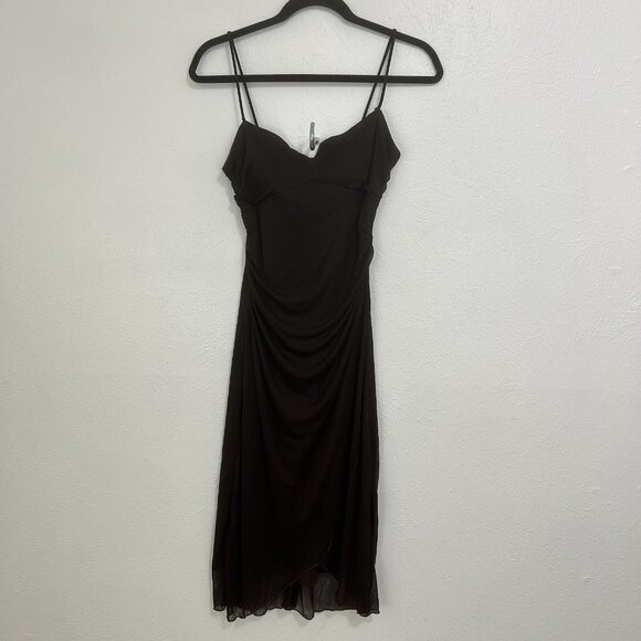 Vintage 90s Brown Chiffon Midi Dress Asymmetrical Hem Fairy Ethereal Earthy Sz M - Picture 7 of 12